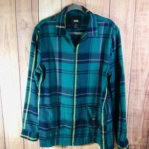 Vans Classic Fit Plaid Flannel Zip Up Long Sleeve Shirt Jacket Blue Green Large